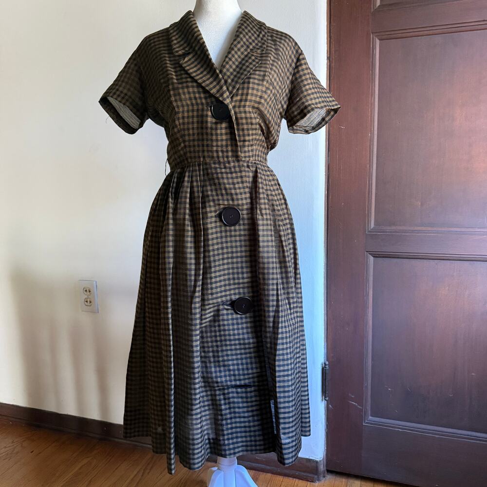 50s Vintage NEUSTETERS Brown and black gingham Shirtwaist dress Small